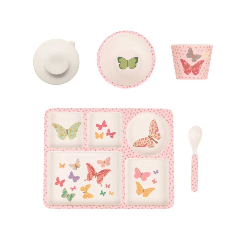 Love Mae ◆ 繽紛蝴蝶五件組(附吸盤)- 無毒環保竹製兒童餐具