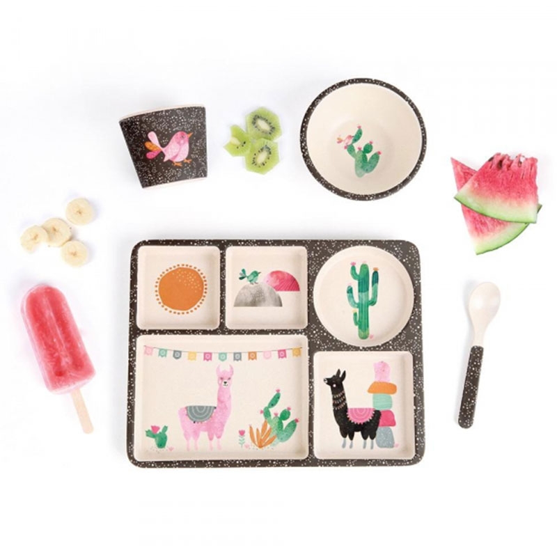 Love Mae ◆可愛羊駝5件組(附吸盤) 無毒環保竹製兒童餐具