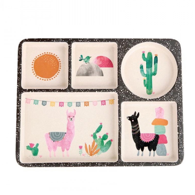 Love Mae ◆可愛羊駝5件組(附吸盤) 無毒環保竹製兒童餐具