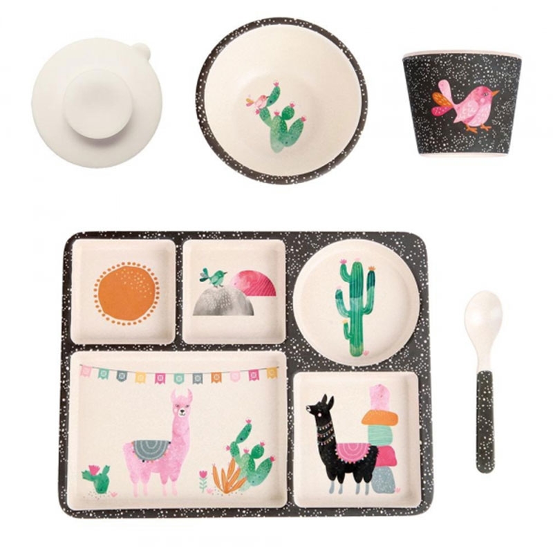 Love Mae ◆可愛羊駝5件組(附吸盤) 無毒環保竹製兒童餐具