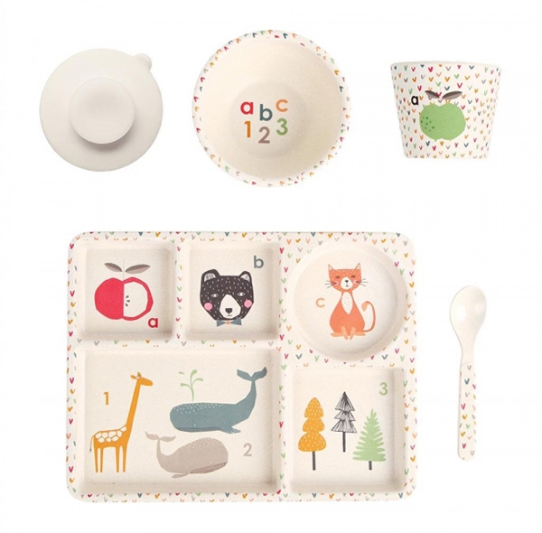 Love Mae ◆ 童趣ABC 5件組(附吸盤)- 無毒環保竹製兒童餐具