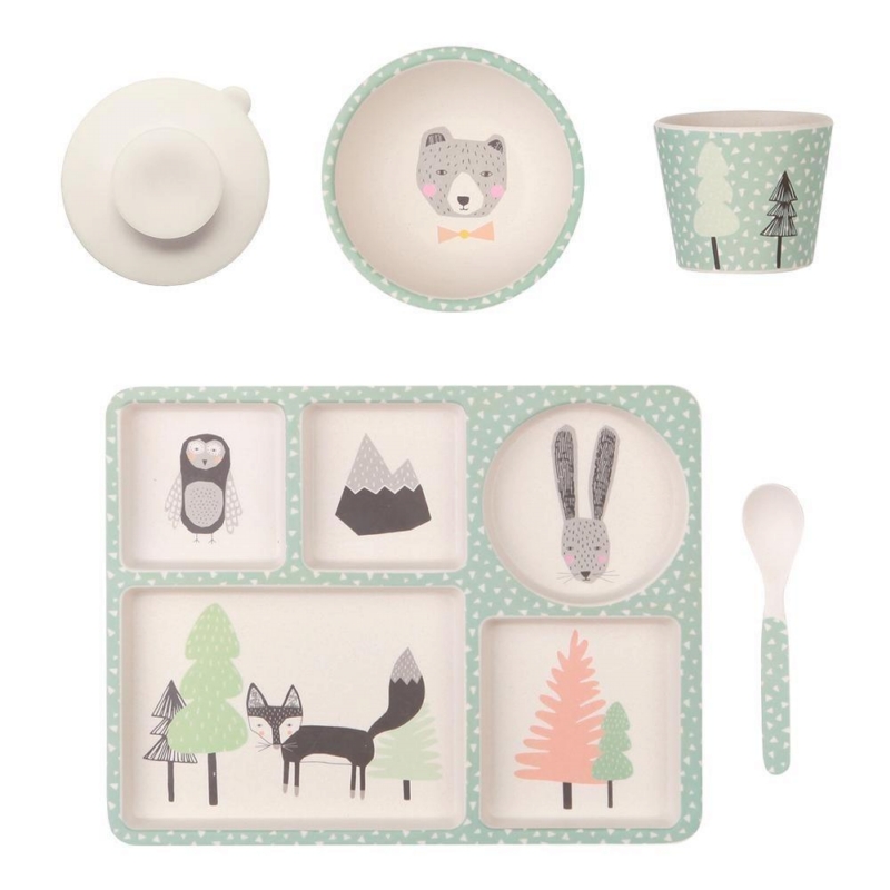 Love Mae ◆狐狸與朋友5件組(附吸盤)- 無毒環保竹製兒童餐具