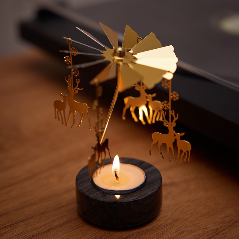 奇鈺家居 ◆ 黑色大理石旋轉燭台 樹/雪/馬/鹿
